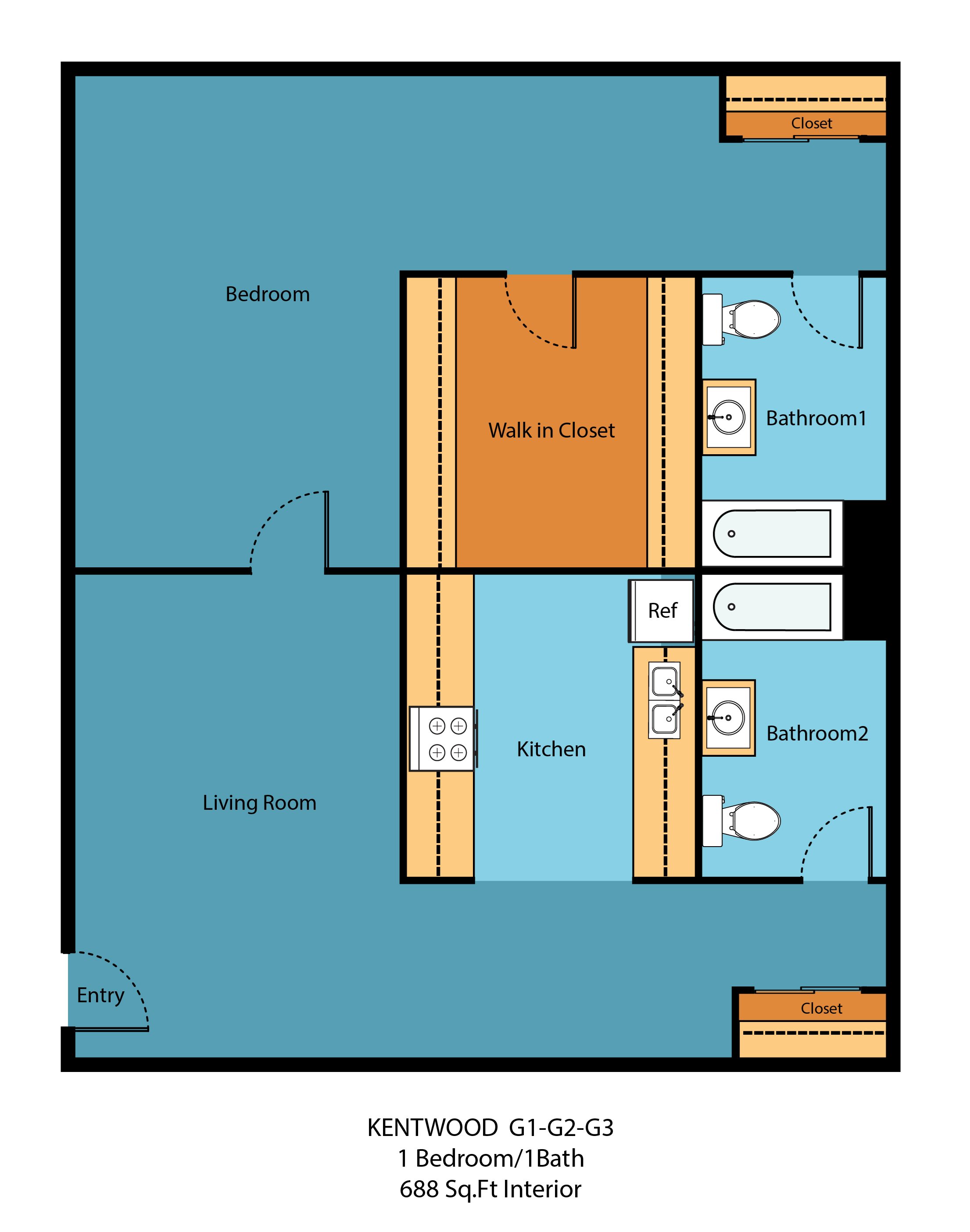1 Bed 2 Bath c Floor Plan 3